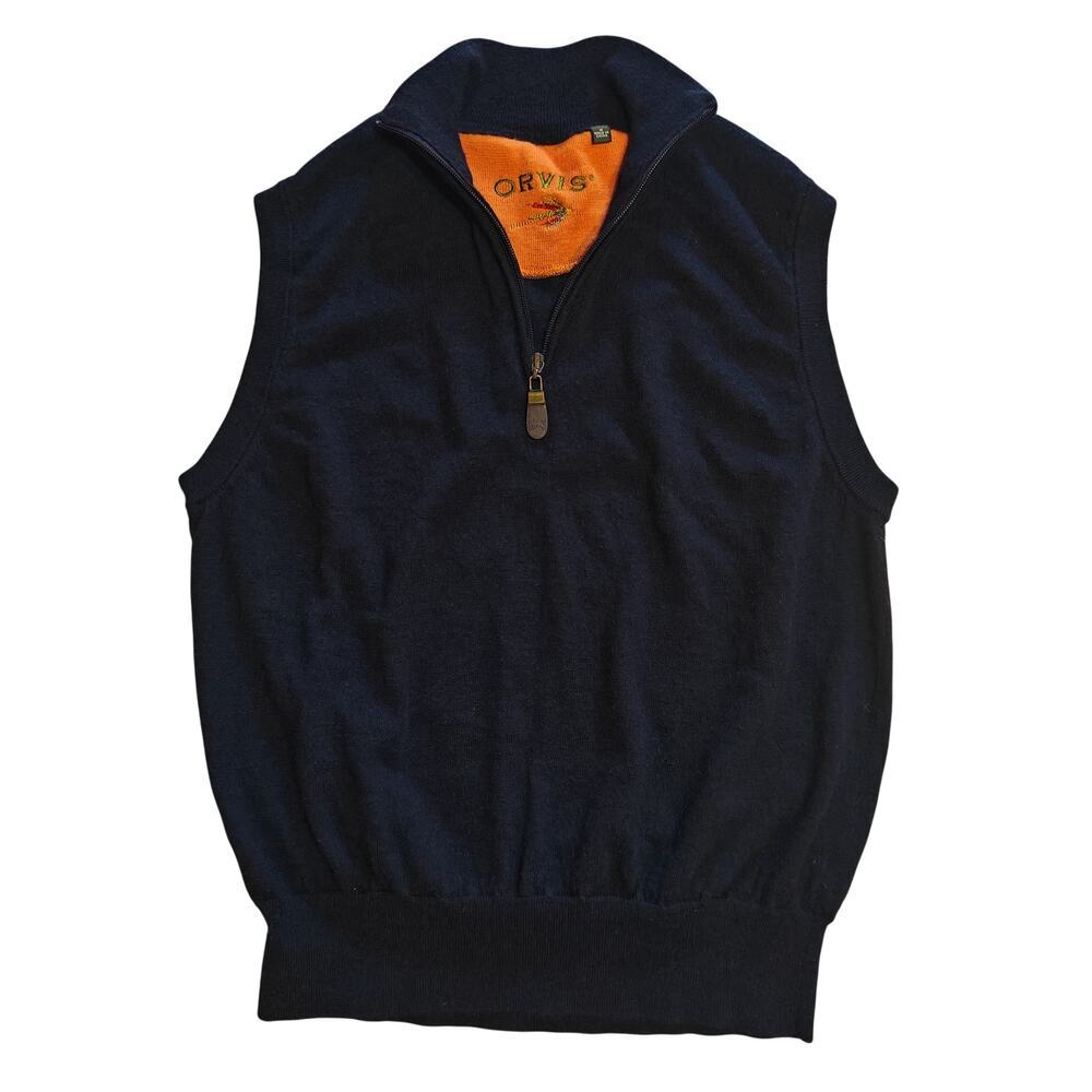 Orvis Navy Quarter Zip Sweater Vest Orange Lining Fly Fishing Logo M - Picture 1 of 5